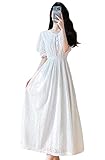 [TOWYYO] ワンピース レディース 夏 ミモレ丈 かわいい 総レース 半袖 Vネック バルーン袖 レディースワンピース ウエストゴム 着瘦せ 無地 Aライン おしゃれ 白 ホワイト M