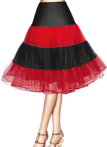 GEPAS Women's 50s Retro Petticoat 26" Crinoline Rockabilly Tutu Skirt Slip for Women 1950s Swing Vintage Underskirt(Black-red,2)