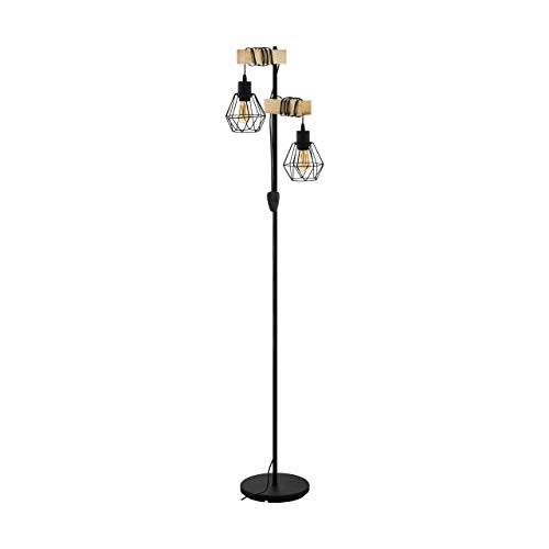 EGLO Lampadaire Townshend 5, lampe de sol pour salon avec 2 abat-jour au design industriel, luminaire sur pied en acier noir et bois naturel, E27, avec interrupteur