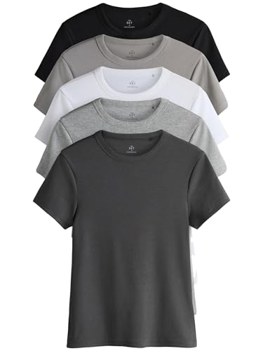 Photo de THE SET Femme T-Shirt côtelé à Manches Courtes, Lot de 5 Multi-Couleurs L