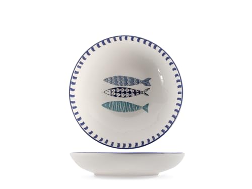 H&H Mediterraneo Set 6 Piatti Fondi, Ceramica, 20cm, Mare, Estate, Pesci