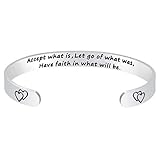 Fesciory Inspirational Bracelets for Women,Stainless Steel Engraved Personalized Positive Mantra Quote Keep Going Cuff Bangle College Graduation Encouragement Gifts for Her (Accept What is)