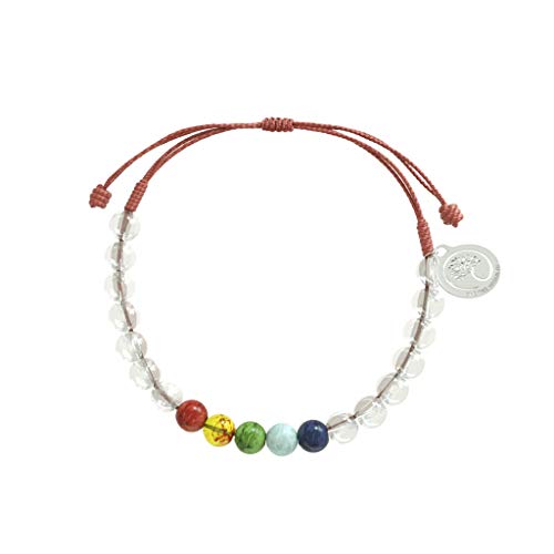 Red Maple Tree Beaded Bracelet Handmade with 6mm Clear Rainbow Red Yellow Green Turquoise Blue Semi-Precious Stone Beads on a Recycled Adjustable String Stainless Steel Charm Women Men