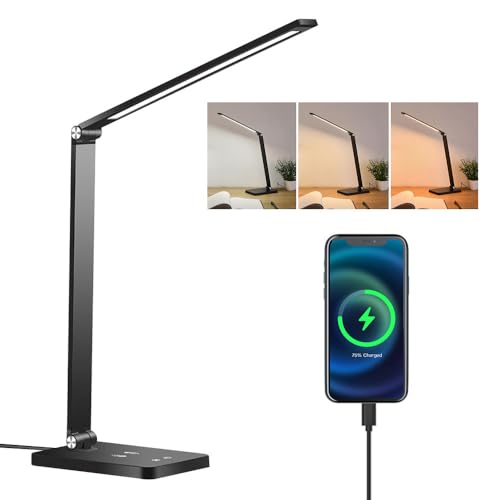 Lámpara de escritorio LED con puerto de carga USB, control táctil regulable, 3 modos de iluminación, luz nocturna, función de memoria, batería recargable de 2500 mAh, cuello de cisne fle