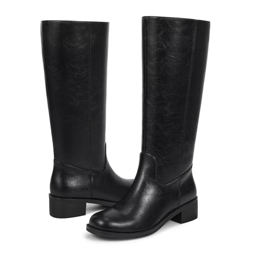 Image of ISNOM Knee High Boots for Women Round Toe Chunky Block Riding Tall Boots with Side Zipper and Low Heel