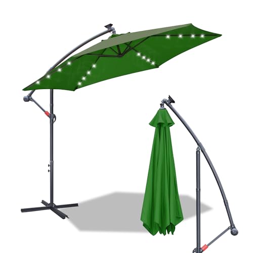Fiqops Parasol solaire LED 3.5M avec manivelle - En aluminium - Avec support - Protection UV, Parasol de marché étanche pour le jardin, Vert