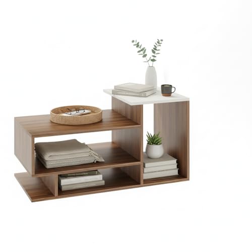 Image of FURNEASER Afaria Modern Engineered Wood Coffee Table with Door & Storage Shelves | Center Table for Living Room & Sofa Area | Multi Level Open Rack Design | DIY Furniture
