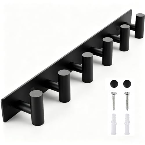 Matte Black Coat Rack Wall Mount - 6 Hooks, Heavy Duty Stainless Steel Wall Hooks for...