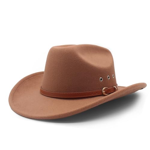 LIDHAY Cowboy Hat for Women and Men Felt Wide Brim Classic Outdoor Fedora Hats Western Cowboy Cowgirl Hats with Belt Buckle 3 Khaki