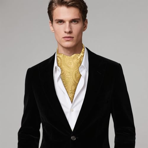 Image of Hi-Tie Silk Ascot for Men Self Tie Men's Cravat and Flower Lapel Pin Handkerchief Cufflinks Set for Wedding Party