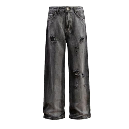 Men's Washed Denim Pants Ripped Cargo Loose Straight Wide Leg Floor Length Jeans