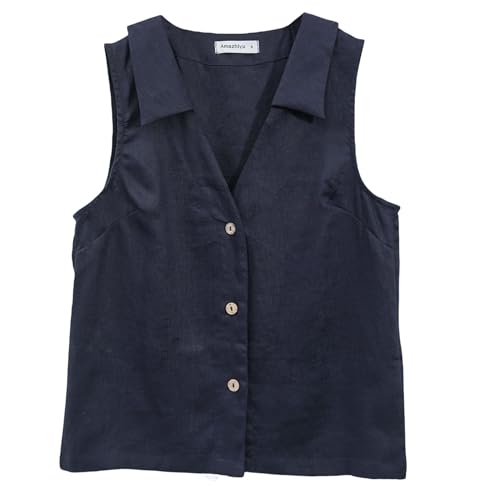 Amazhiyu Women's 100% Linen Summer Sleeveless Button-Down Tops Slight Crop Vest4