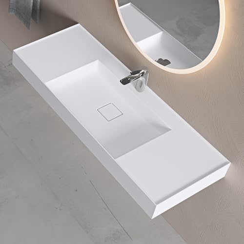 doporro Lavabo Suspendu avec Bonde Vasque à Poser Blanc Mat 120x46x12cm Lave Mains Rectangulaire avec Perçage de Robinet Colossum630