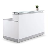 Esquire Glass Top Reception Desk 63'W x 32'D White Laminate/Silver Laminate Desktop Kickplate and Accents/Glass Top