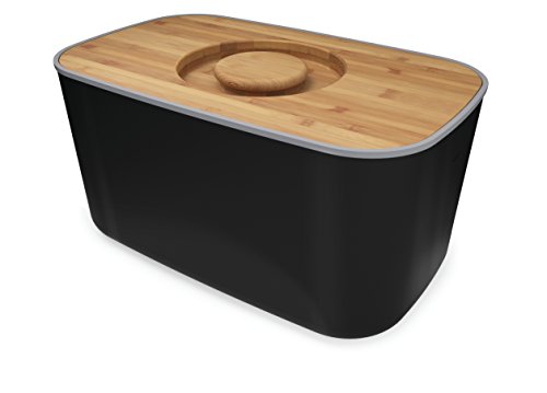 Joseph Joseph 80045 Boîte à Pain avec Couvercle Planche à Découper en Bambou/Acier Noir 21,5 x 35,5 x 17,8 cm