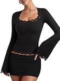 REORIA Womens Boho Square Neck Long Bell Sleeves Tee Shirts Lace Trim Casual Slim Fitted 2025 Winter Fall Fashion Tops Black