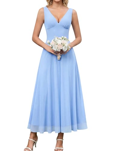 EYNMIN Summer Wedding Guest Dress V Neck Flowy Mesh Elegant
