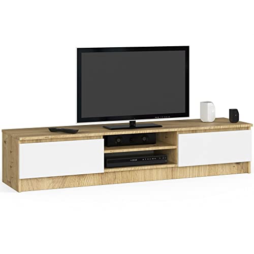 AKORD - Meuble TV K-160 - Un Compartiment Ouvert - 2 étagères avec Portes battantes Gauche et Droite - 33 x 160 x 40 cm - Poids 30 kg - Couleur : chêne Artisan