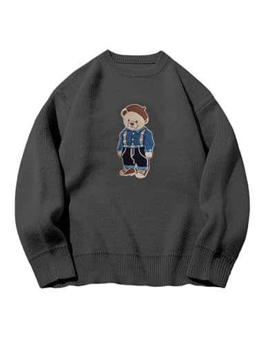 SHENHE Men's Oversized Crew Neck Cute Bear Sweater Vintage Unisex