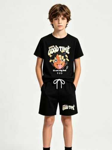 Image of Size 6-12 Years Boys Summer Outfits Set Kids Short Sleeve Top T-Shirt & Shorts Color Block Clothing Sets