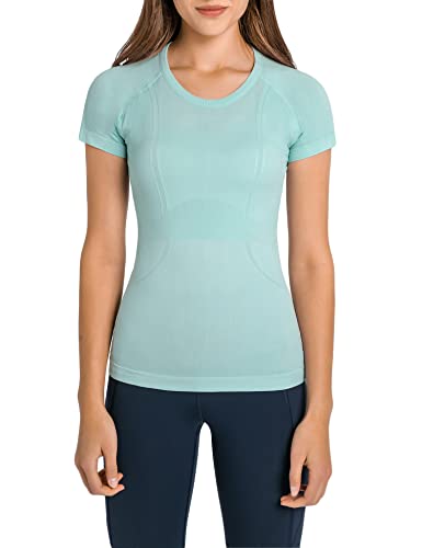 Women's Short Sleeve Yoga Tops Compression Running Workout Shirts Fitted Athletic Stretch Dri Fit Shirts Mint Green L #TOP15