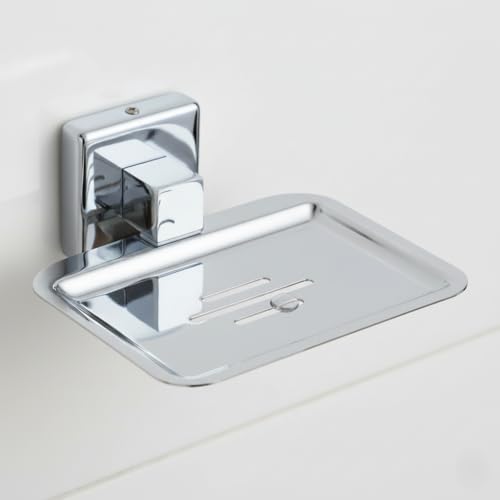 Image of Premium Stainless Steel Wall Mounted Soap Dish for Bathroom and Kitchen | Rustproof Chrome Finish Soap Holder Case with Drain Holes | Square Modern Soap Stand Bracket (Square-26 06)