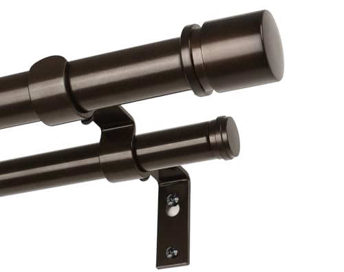 Double Curtain Rod 36 to 72 Inch, HOTOZON 1 Inch Heavy Duty Curtain Rods for Windows, Telescoping Double Drapery Rod with Simple Cap Finials, Bronze
