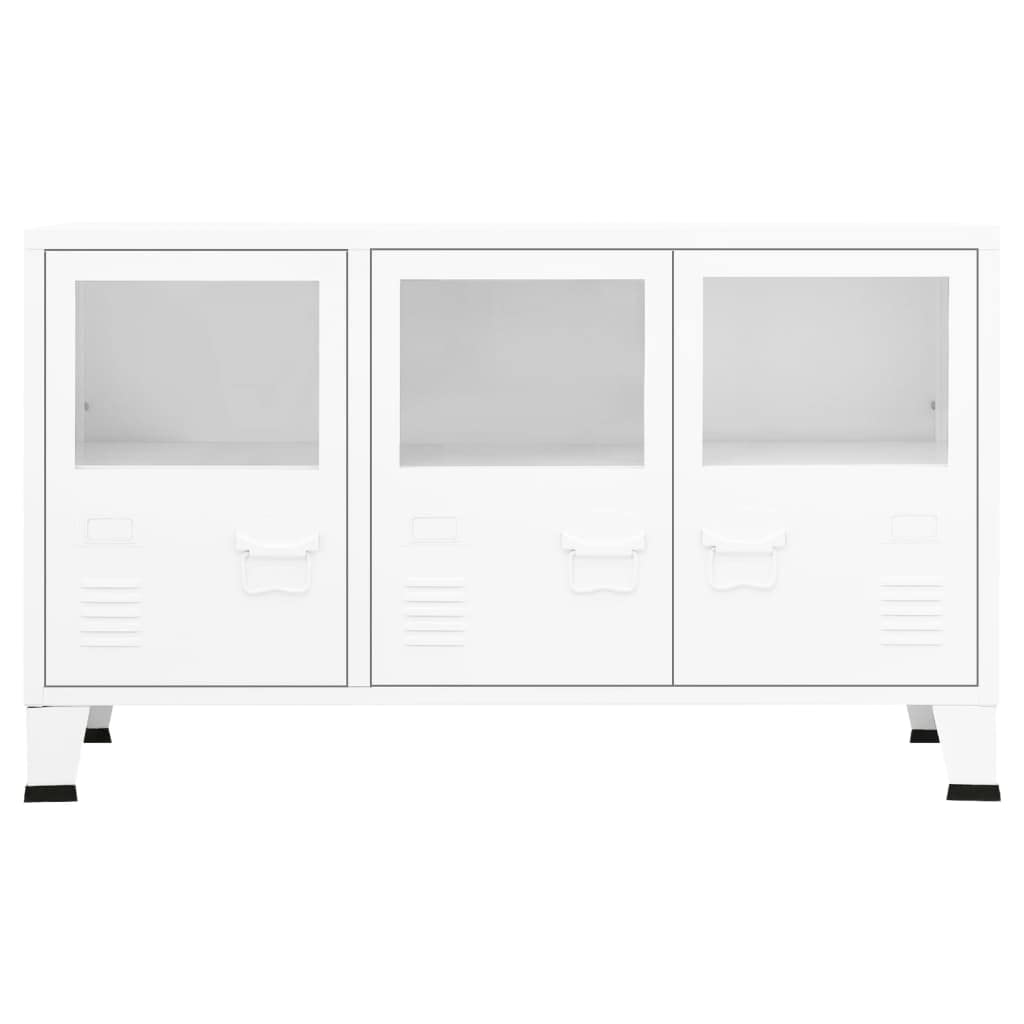 Aparador industrial blanco 105 x 35 x 62 cm, armario de metal de cristal con espacio de almacenamiento, soporte para placa de nombre, para salón, comedor y cocina