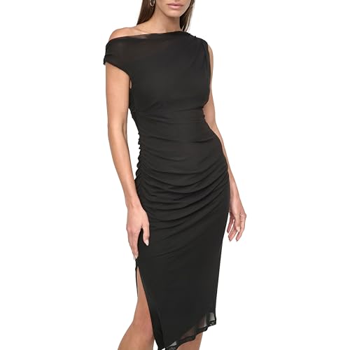 DKNY Women's One Shoulder Asymmetric Neck Side Slit Bodycon Midi Dress