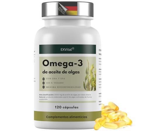 EXVital® Omega 3 de aceite de algas, vegano, 120 cápsulas blandas, 2000 mg con 600 mg de DHA y 300 mg de EPA al día, obtenido de algas cultivadas de forma sostenible, en dosis eleva