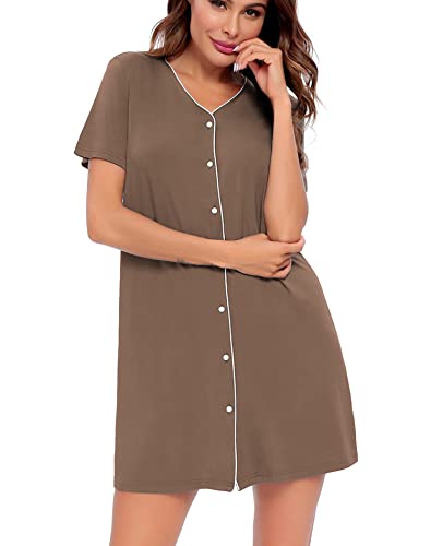 Swomog Women's Button Down Nightgown Short Sleeve Nightshirt V-Neck Sleepwear Boyfriend Sleepshirt Pajama Dress Brown #TOP3