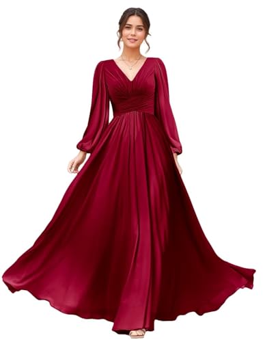 VKBRIDAL Women's Chiffon A Line Bridesmaid Dresses V Neck Floor