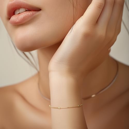 14K Gold Bracelets for Women Adjustable Women’s Bracelet Ball Station Chain Stackable Bracelets for Womens Men Bracelet Jewelry 6.5-9 Inches Including Extension Chain2
