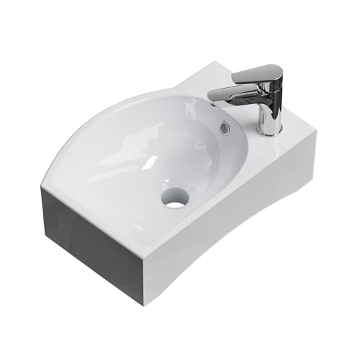 EMKE Hänge-Waschbecken 405 x 280 x 140 mm – Kompaktes und elegantes Waschbecken für kleine Badezimmer und Gäste-WC – Wasserhahn links, Wandmontage, weiß glänzend