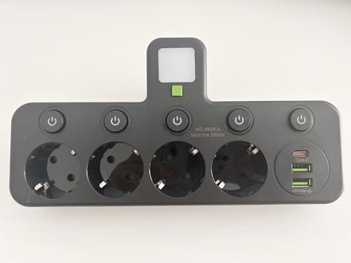 Regletas Enchufes Pared con USB C(PD 20W), Ladron Enchufes con Interruptor, Regleta 4 Enchufes Conmutable Individualmente, Base Enchufes Multiple,Negro