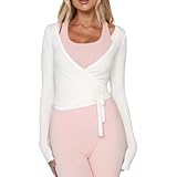 Women Ballet Wrap Top Long Sleeve Self Tie Dance Shirt Pilates Yoga Tops Y2k Workout Active Blouses (US, Alpha, Small, Regular, Regular, White)