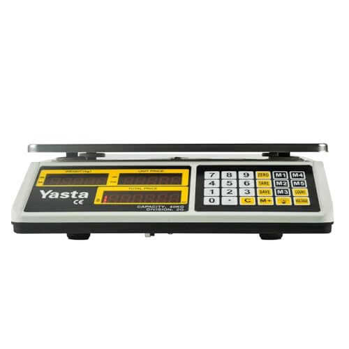 YASTA Bilancia Elettronica Digitale Professionale per Alimenti da Banco da 5Gr a 40 KG Pesa Pacchi Cassette Frutta e Verdura Memoria Prezzi Tasto Tara Batteria Ricaricabile Portatile Display a LED