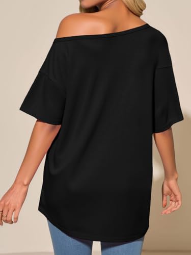 Tankaneo Womens Oversized Off The Shoulder T Shirt Cotton Short Sleeve Casual Tunic Tops Summer Loose Fit Flowy Tees3