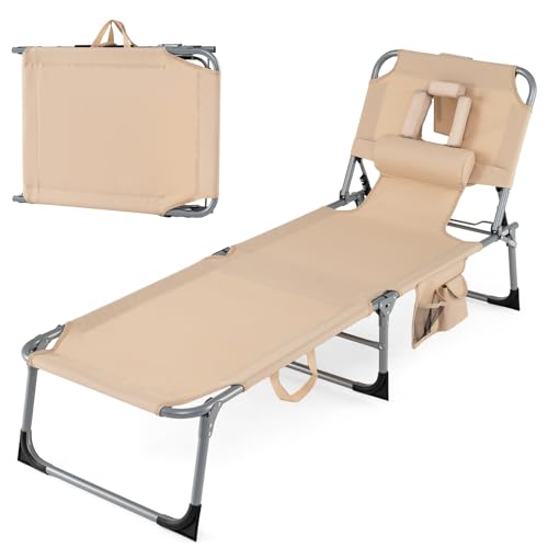 LDAILY Tanning Chair Portable Sun Bathing Beach Chairs with Face Hole Arm Cutouts & Storage Pocket Lounge Chair Outdoor with 4 Adjustable Positions for Patio Poolside Lawn Camping Beige