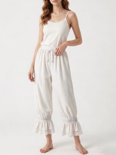 Image of UAURORAO Women Lace Trim Bloomer Pants Flowy Culottes Pantaloons Bloomers