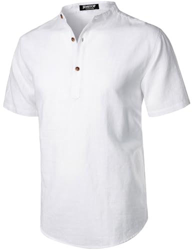 Men's Summer Lightweight Cotton Linen Shirts Casual Short Sleeve Breathable Banded Collar Henley for Beach Vacation2