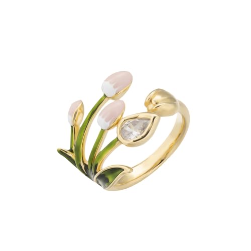 Kokoma Elegant Tulip Flower Open Statement Ring for Women CZ Crystal Floral Wrap Finger Band Leaf Anniversary Wedding Rings Eternity Ring