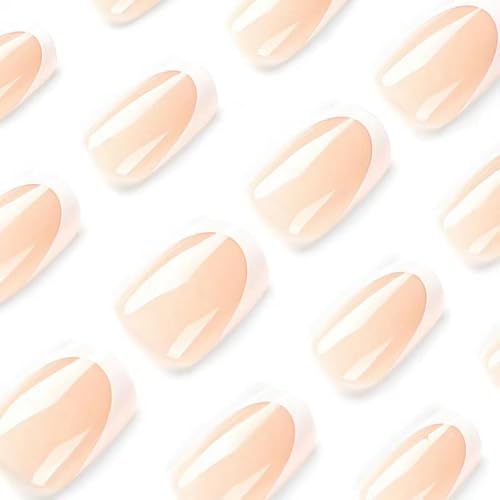 Image of French Tip Press on Nails White Fake Nails Short Square False Nail Nude Glue on Nails Glossy Acrylic Full Cover Stick on Nail for Women DIY Nail Art Decoration 24pcs