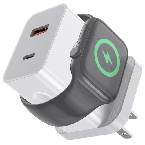 BEVIU for Apple Watch Charger,20W 3-in-1 Fast Charging Block with Magnetic Wireless Charging and Dual Ports, Portable USB C PD Travel Plug Compatible with iPhone, Apple Watch Series,White