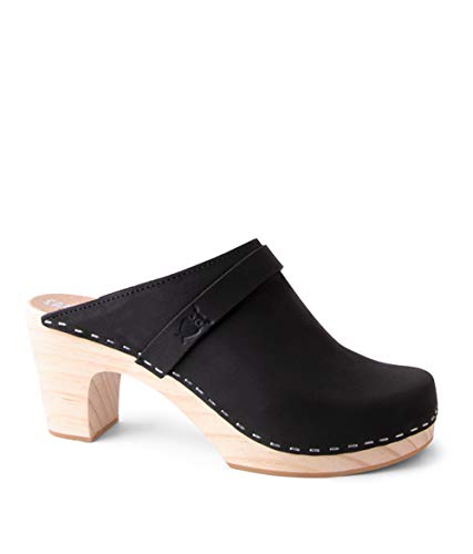Sandgrens Swedish Clog Mules High Rise Wooden Heel for Women, US 11-11.5 | Maya Black, EU 42