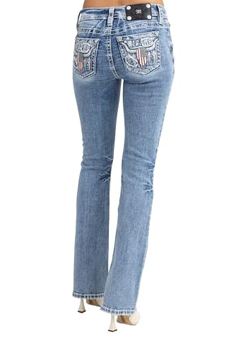 Miss Me Womens Patriot Steer Skull Embellished Mid-Rise Bootcut Jeans (Vintage Blue 27W x 34L)