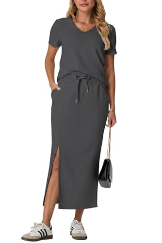 Image of GRECERELLE Women Summer Casual 2 Piece Sets V-Neck Wrinkle-Free Top & Elastic Waist Midi Side Slit Skirt with Pockets