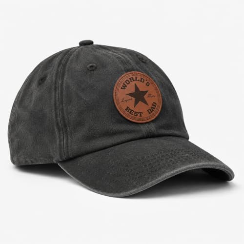 Image of Dad Hat for Men, Washed Cotton Baseball Cap with Brown Leather Patch, Adjustable