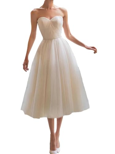 Minimalist A Line Tulle Sweetheart Tea Length Pleated Evening Reception