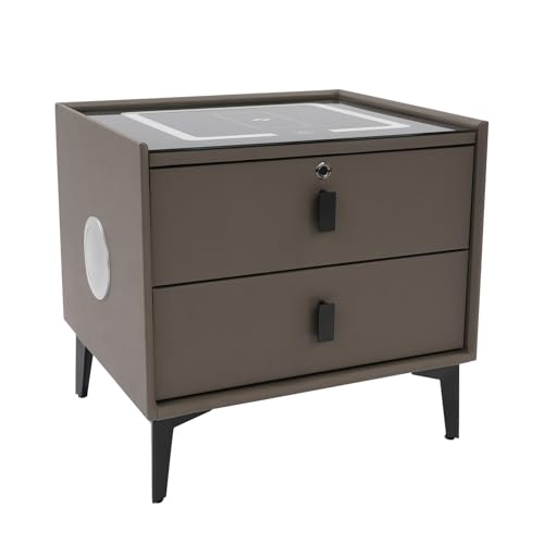 HIKUUER Mesita de noche inteligente con carga inalámbrica, USB, cerradura de puerta de huellas dactilares, LED y Bluetooth, moderna cómoda de 2 cajones para dormitorio y salón, 50 x 40 x 46 cm (gris